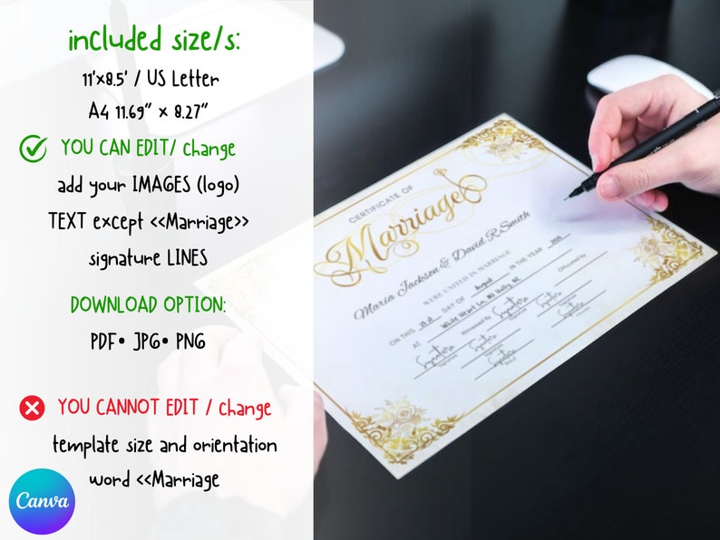Editable Modern Marriage Certificate Editable Canva Template, Printable Certificate of Marriage Keepsake, Wedding Gift for Couples image 2