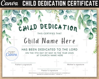 Greenery Child Dedication Certificate, Canva Baby Dedication Template, Baptism Certificate, Editable Baptism Certificate