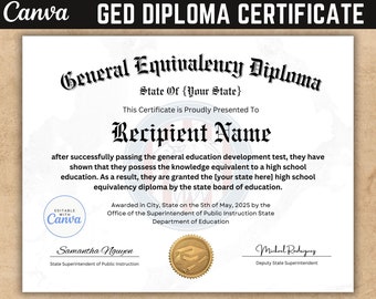 GED Diploma Certificate, Canva Template, Graduation Diploma, Diploma Certificate, School Equivalency Diploma, Gold seal