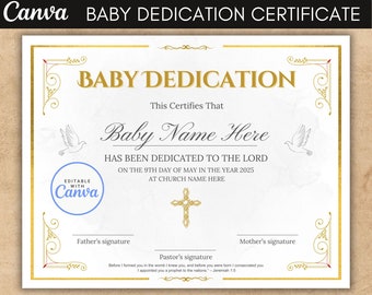 Baby Dedication Certificate, Editable Baptism Certificate, Canva Child Dedication Template, Editable Baptism Certificate