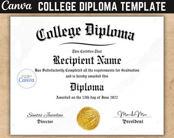 College Diploma, University Diploma, Canva Template, Graduation Diploma, College Diploma, Gold seal, Printable Certificate with Seal