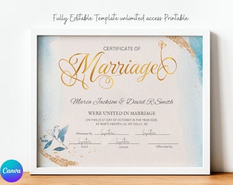 Certificate of Marriage Keepsake, Editable Modern Marriage Certificate Editable Canva Template, Printable Wedding Gift for Couples, download