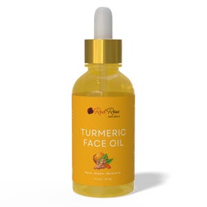 May include: A clear glass bottle of turmeric face oil with a white dropper and gold cap. The label is yellow with the text "TURMERIC FACE OIL" and "Red Rose Naturals". The bottle contains 1 fl oz / 30 ml of product.