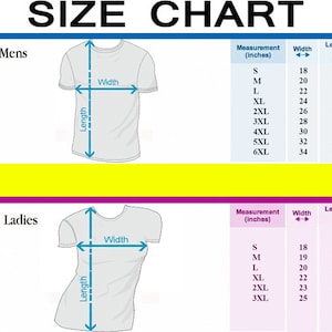 May include: Size chart for shirts with measurements in inches. The chart shows the width and length of shirts in sizes S through 6XL for both men and women.