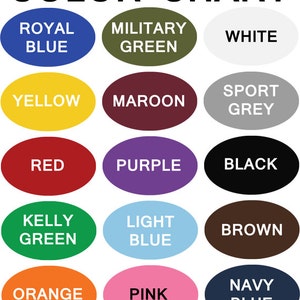 May include: Color chart with 15 different colors, including royal blue, military green, white, yellow, maroon, sport grey, red, purple, black, kelly green, light blue, brown, orange, pink, and navy blue.