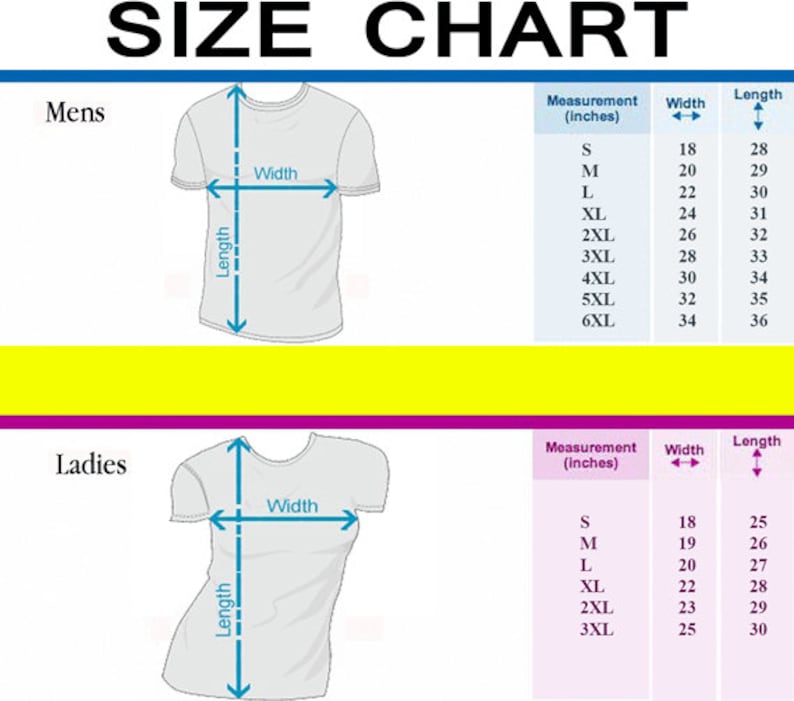 May include: Size chart for shirts with measurements in inches. The chart shows the width and length of shirts in sizes S through 6XL for both men and women.