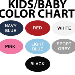 May include: Color chart for kids and baby clothing with the following colors: navy blue, red, white, pink, light blue, sport grey, and black.