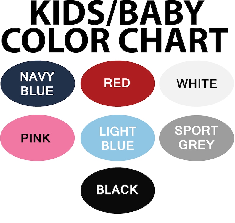 May include: Color chart for kids and baby clothing with the following colors: navy blue, red, white, pink, light blue, sport grey, and black.