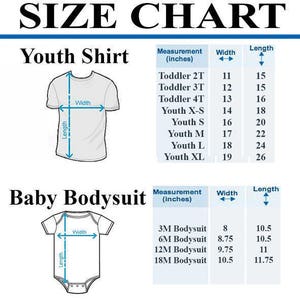 May include: Size chart for youth shirts and baby bodysuits. The chart shows measurements in inches for width and length for different sizes, including toddler, youth, and baby sizes.