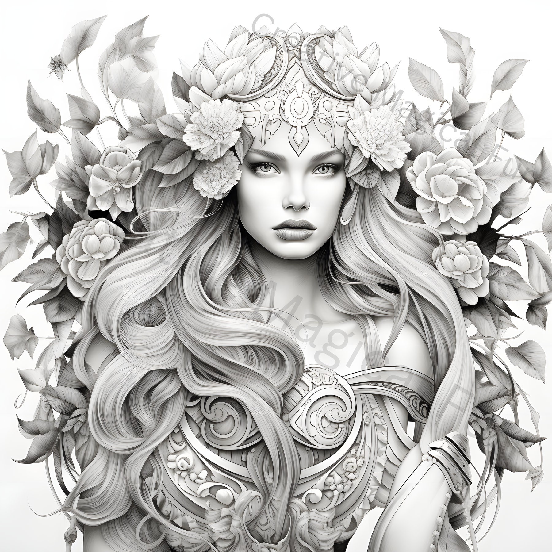 Flower Pixie Collection Printable Wall Art, Adult Coloring Page ...