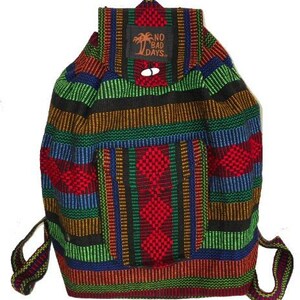 May include: A colorful woven backpack with a black patch that says "No Bad Days." The backpack has red, green, blue, and yellow stripes.