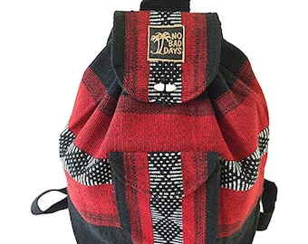 NO BAD DAYS ® Baja Backpack Mexican Bag Hand Made Book Bag Red Black White Ethnic Beach Rucksack Boho Knapsack