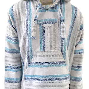 May include: A Baja hoodie with a white, blue, and grey striped design. It has a kangaroo pocket, a hood with drawstrings, and a tag with the text "No Bad Days".