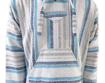 Poncho mexicano con capucha "No Bad Days Baja" - Blanco, cielo, azul marino, gris diamante