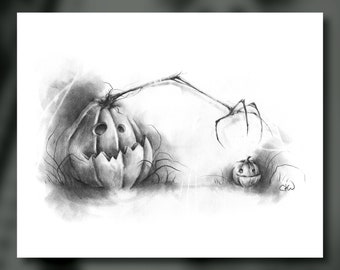 May include: A black and white pencil drawing of a jack-o'-lantern with a long, thin stem reaching out to a smaller jack-o'-lantern. The drawing is on a white background.