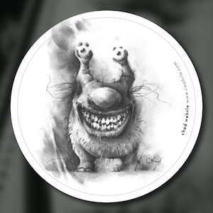 May include: A black and white illustration of a creature with a wide grin and large eyes. The creature has a furry body and long, thin arms. The illustration is on a white background with the artist's name and website in the bottom right corner.