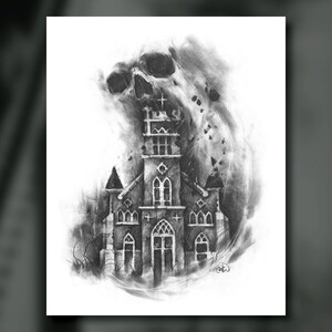 May include: A detailed pencil drawing of a church with a skull above it. The church has a cross on top and arched windows. The skull is detailed with shading and the image has a gothic theme.