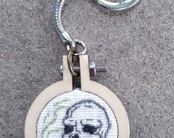 Smoking Skull- Hand Embroidered Keychain