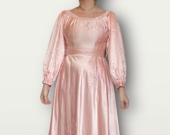 1910s Edwardian pink satin dress with huge bishop sleeves, original embroidery