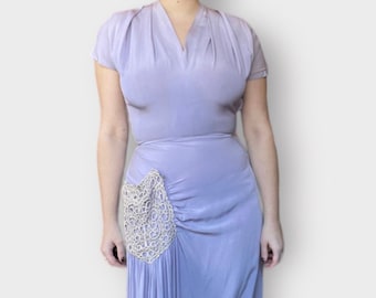 1940s special DuBarry lavender crepe dress with beautiful draping and lace &quot;pocket&quot; detailing