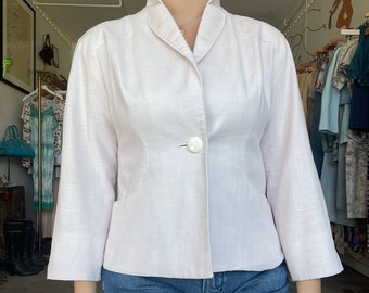 1970s does 1950s lavender/pale lilac linen blazer, structured shoulders, beautiful with original union label