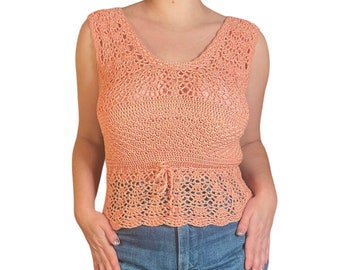 1930s peachy pink crochet blouse, rare antique handknit
