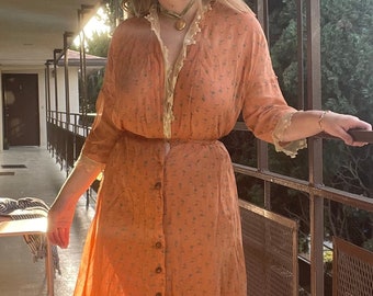 1910s dated orange cotton gauzy floral dress with lace trim, layered