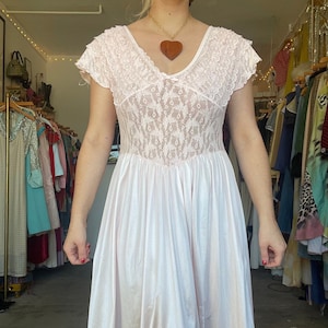 1980s pale ballet pink negligée slip dress, lace bust and bodice, satin skirt