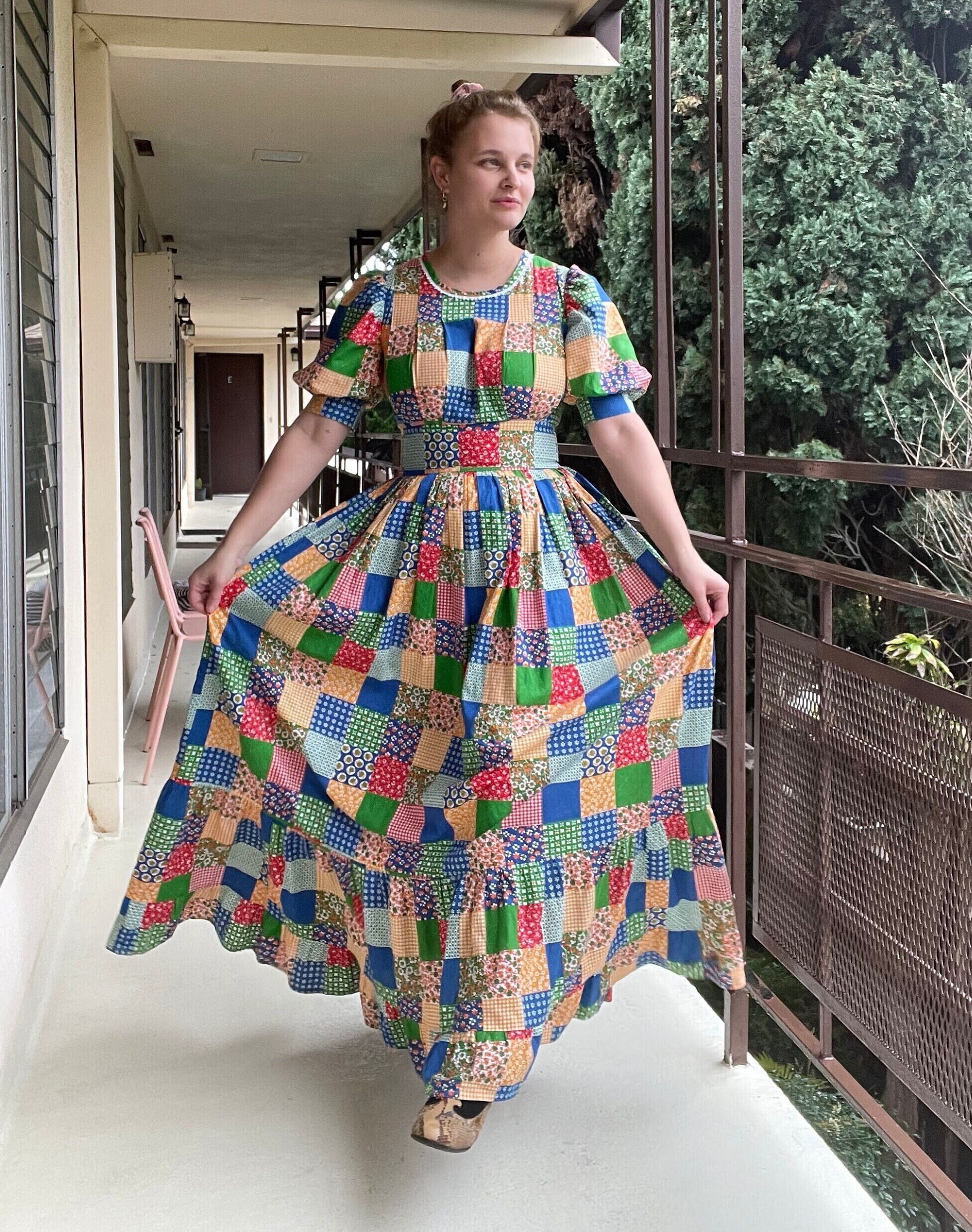 1970s Patchwork Dress, Multicolored With Puff Sleeves and