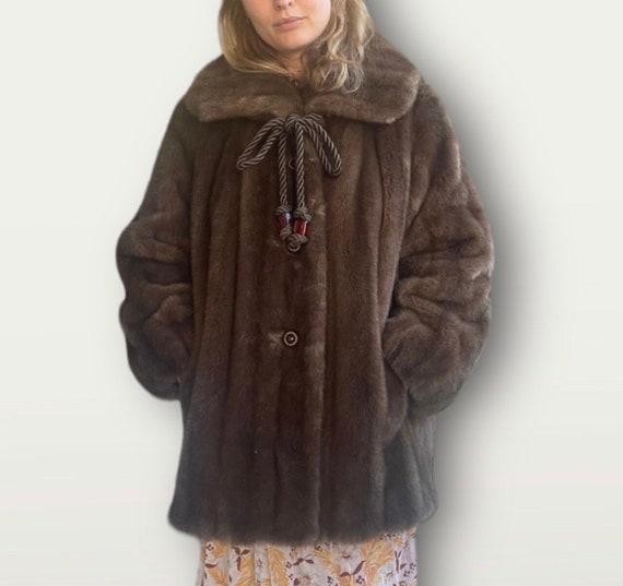 1940s rare brown teddy faux fur coat with silk ro… - image 1