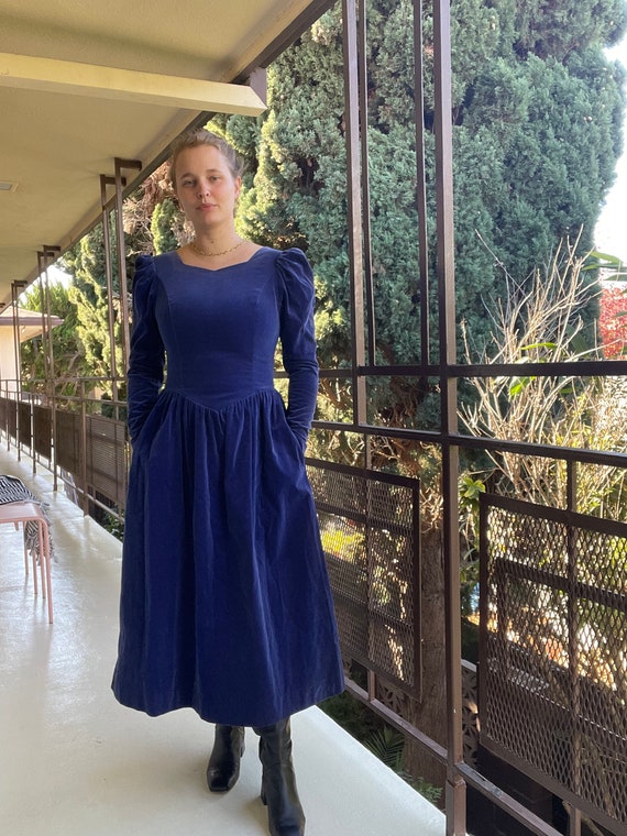 アンティークベルベットドレス　Laura Ashley 1980s Deep Blue Velvet Laura Ashley Princess Dress, Puffed