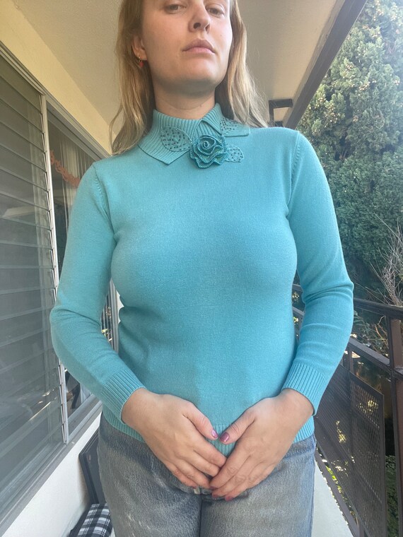 1960s robin's egg blue soft cotton sweater top wi… - image 1