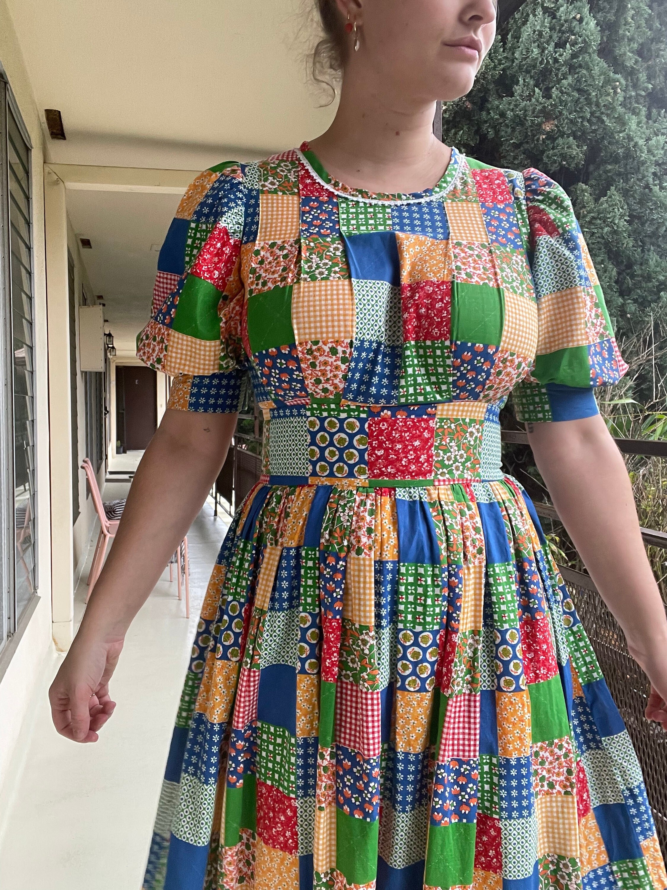 1970s Patchwork Dress, Multicolored With Puff Sleeves and