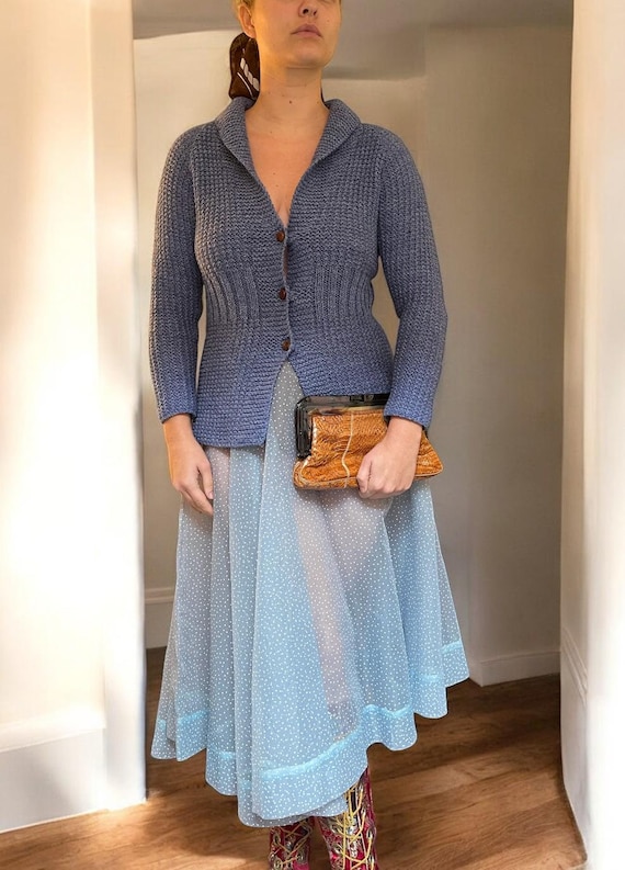 1930s Knit Wool Cardigan, Cornflower Blue, Brown … - image 1