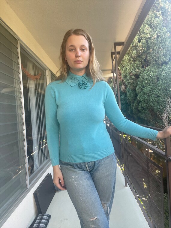 1960s robin's egg blue soft cotton sweater top wi… - image 2