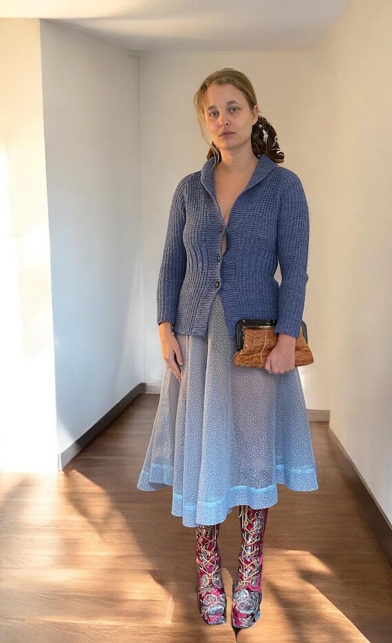 1930s Knit Wool Cardigan, Cornflower Blue, Brown … - image 2