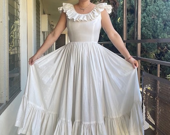 1960s white cotton ruffled princess dress, huge full skirt, Swiss dot