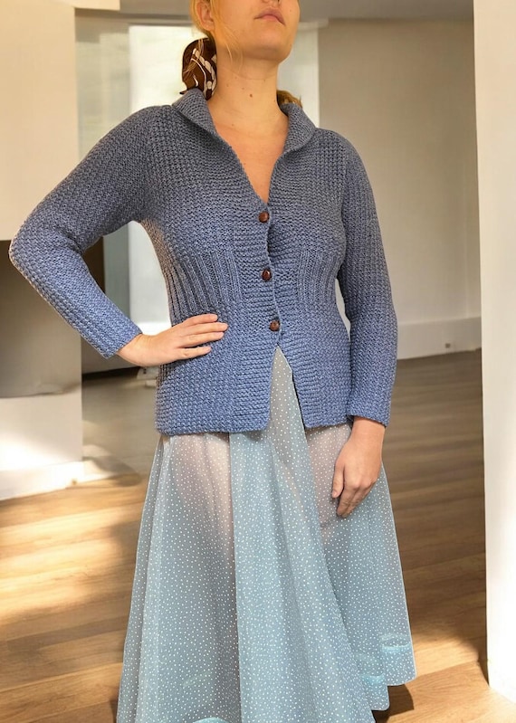 1930s Knit Wool Cardigan, Cornflower Blue, Brown … - image 6