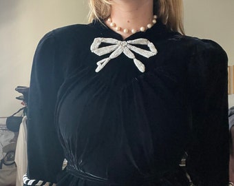1940s beautiful black silk velvet dress with trompe-l&#39;oeil beaded bow neckline, beaded rope sleeves