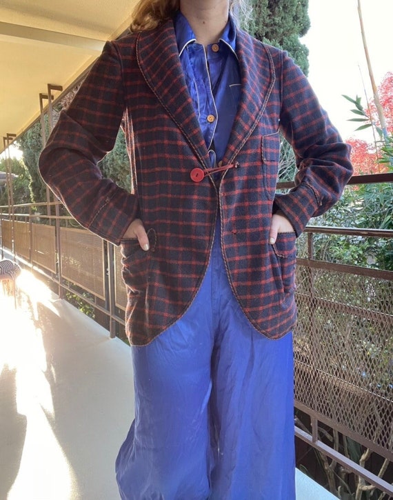 1920s Red and Navy Plaid Wool Blazer with Red Butt