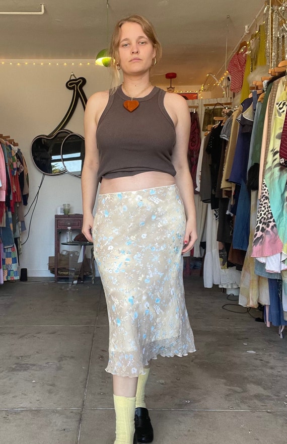 1990s light toffee beige chiffon skirt with blue f