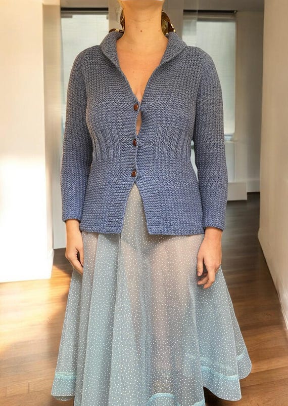 1930s Knit Wool Cardigan, Cornflower Blue, Brown … - image 4
