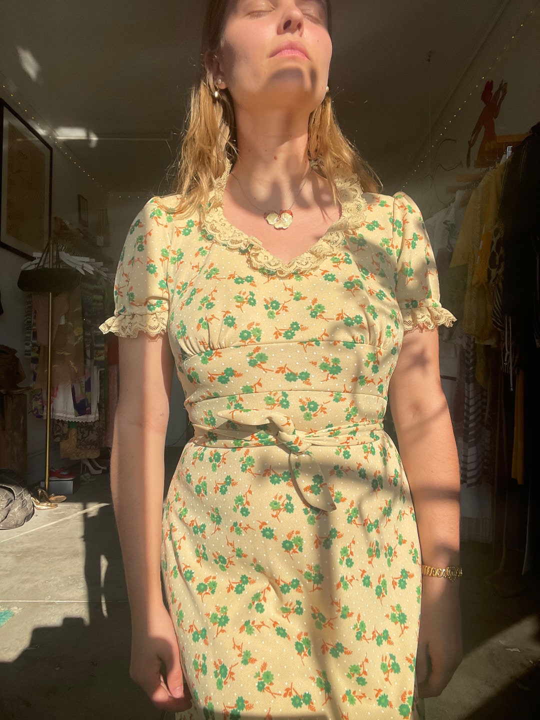 1960s Yellow Dress with Green Topstitch