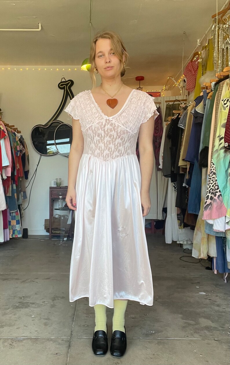 1980s Pale Ballet Pink Negligée Slip Dress, Lace Bust and Bodice, Satin ...