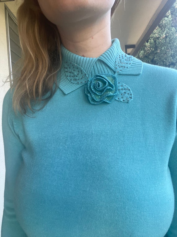 1960s robin's egg blue soft cotton sweater top wi… - image 4