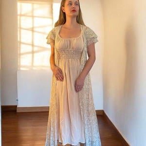 1930s cream cotton tambour lace jacket with ruffled sleeves, ankle length, rare vintage