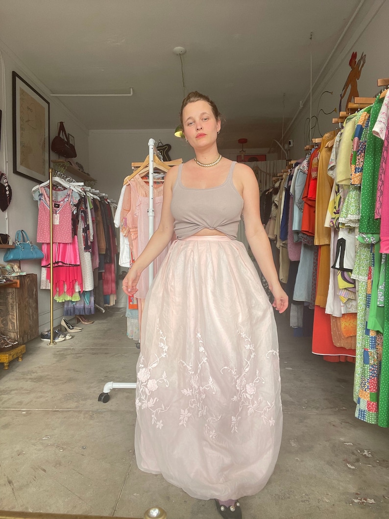 1950s baby pink gauzy silk skirt, very full sweep, floor length, floral embroidered with silk waistband zdjęcie 1