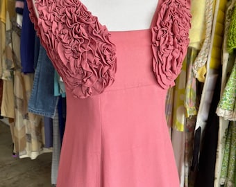 1930s stunning salmon pink crepe dress with bust/shoulder ruffle detail and low back, ankle length
