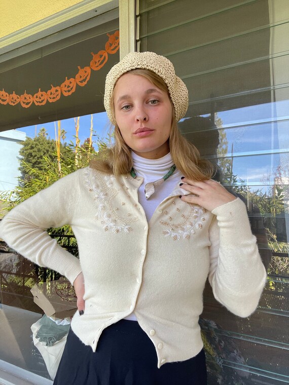 1940s soft cream cashmere cardigan sweater, beade… - image 1