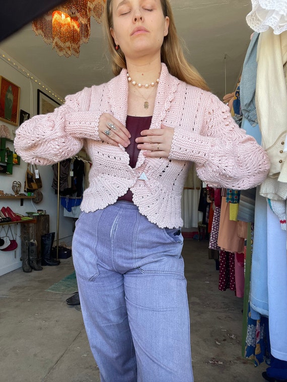 1970s dusty pink knit sweater with big bishop sle… - image 1